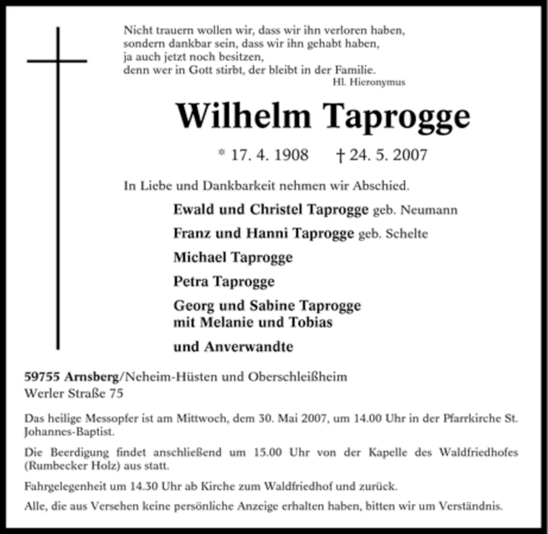  Traueranzeige für Wilhelm Taprogge vom 25.05.2007 aus Tageszeitung
