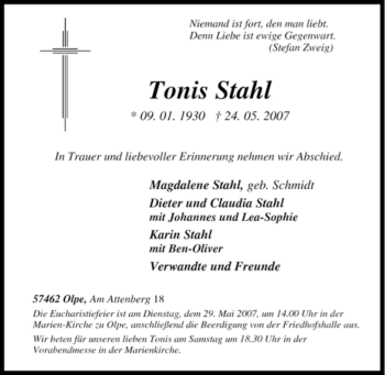 Traueranzeige von Tonis Stahl von Tageszeitung