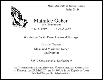 Traueranzeige von Mathilde Geber von Tageszeitung