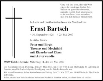 Traueranzeige von Ernst Bartsch von Tageszeitung