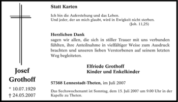 Traueranzeige von Josef Grothoff von Tageszeitung