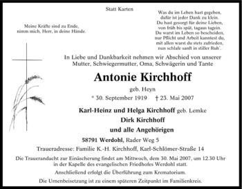Traueranzeige von Antonie Kirchhoff von Tageszeitung