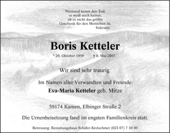 Traueranzeige von Boris Ketteler von Tageszeitung