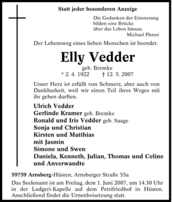 Traueranzeige von Elly Vedder von Tageszeitung