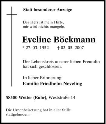 Traueranzeige von veline Böckmann von Tageszeitung
