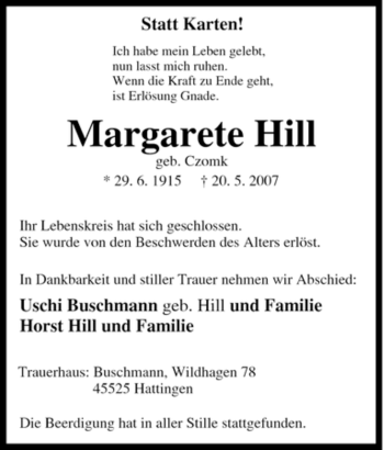 Traueranzeige von Margarete Hill von Tageszeitung