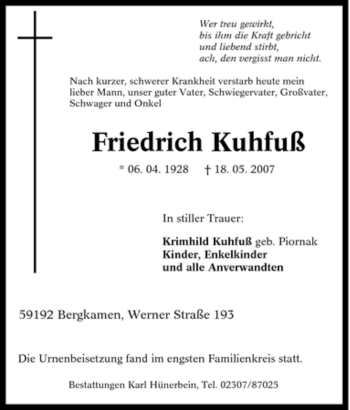 Traueranzeige von Friedrich Kuhfuß von Tageszeitung