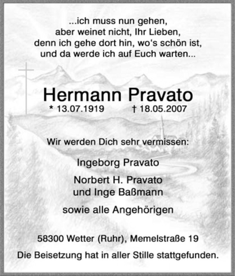  Traueranzeige für Hermann Pravato vom 26.05.2007 aus Tageszeitung