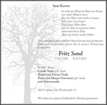 Traueranzeige von Fritz Sand von Tageszeitung