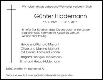 Traueranzeige von Günter Hiddemann von Tageszeitung