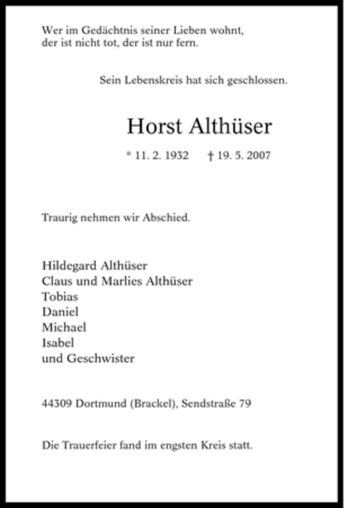  Traueranzeige für Horst Althüser vom 26.05.2007 aus Tageszeitung