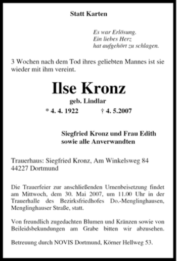 Traueranzeige von Ilse Kronz von Tageszeitung