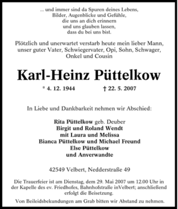 Traueranzeige von Karl-Heinz Püttelkow von Tageszeitung
