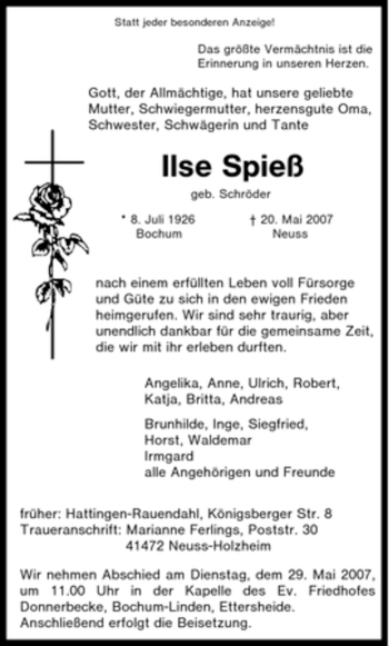 Traueranzeige von Ilse Spieß von Tageszeitung