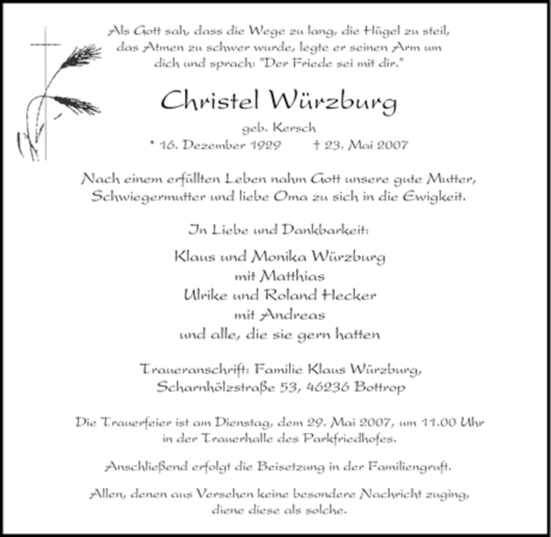  Traueranzeige für hristel Würzburg vom 26.05.2007 aus Tageszeitung