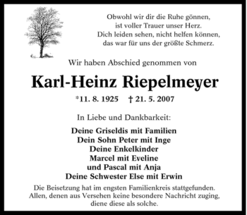 Traueranzeige von Karl-Heinz Riepelmeyer von Tageszeitung
