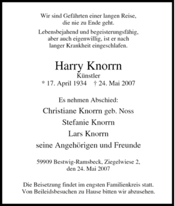 Traueranzeige von Harry Knorrn von Tageszeitung