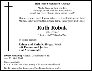 Traueranzeige von Ruth Robak von Tageszeitung