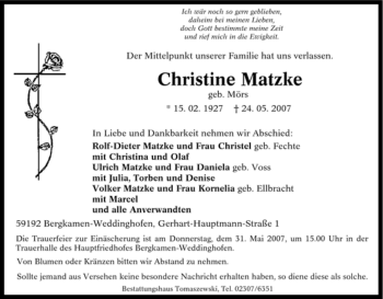 Traueranzeige von Christine Matzke von Tageszeitung