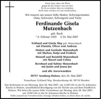 Traueranzeige von Ferdinande Gisela von Tageszeitung