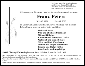 Traueranzeige von Franz Peters von Tageszeitung