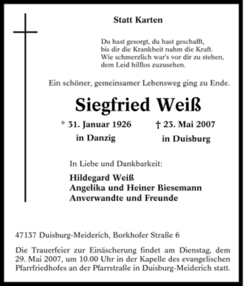 Traueranzeigen von Siegfried Weiß | Trauer-in-NRW.de