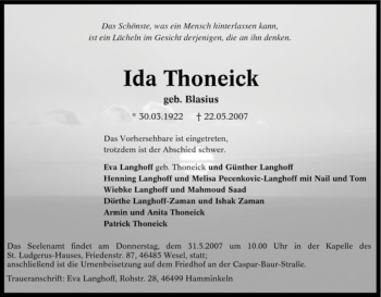 Traueranzeige von Ida Thoneick von Tageszeitung