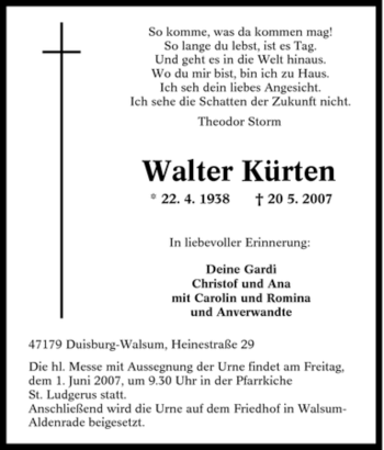 Traueranzeige von Walter Kürten von Tageszeitung