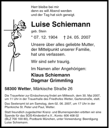 Traueranzeige von Luise Schiemann von Tageszeitung