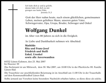 Traueranzeige von Wolfgang Dunkel von Tageszeitung