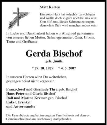 Traueranzeige von Gerda Bischof von Tageszeitung