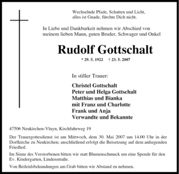 Traueranzeige von Rudolf Gottschalt von Tageszeitung