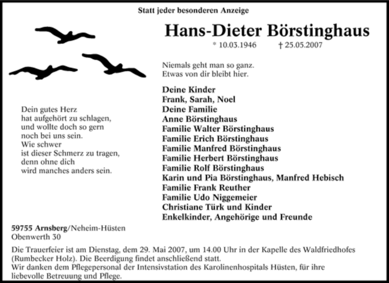  Traueranzeige für Hans-Dieter Börstinghaus vom 26.05.2007 aus Tageszeitung