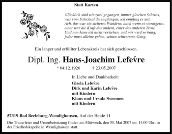 Traueranzeige von Hans-Joachim Lefévre von Tageszeitung