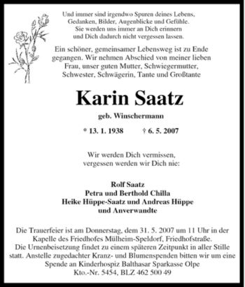 Traueranzeige von Karin Saatz von Tageszeitung