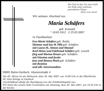 Traueranzeige von Maria Schäfers von Tageszeitung
