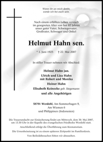 Traueranzeige von Helmut Hahn von Tageszeitung