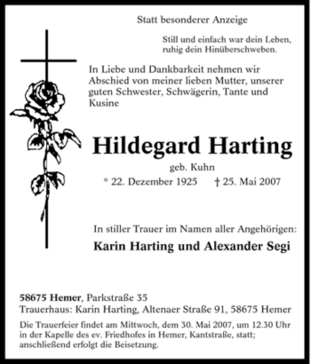 Traueranzeige von Hildegard Harting von Tageszeitung