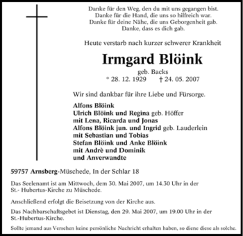 Traueranzeige von Irmgard Blöink von Tageszeitung