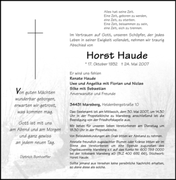 Traueranzeige von Horst Haude von Tageszeitung