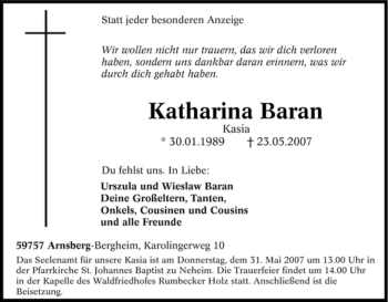 Traueranzeige von Katharina Baran von Tageszeitung
