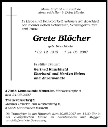 Traueranzeige von Grete Blöcher von Tageszeitung