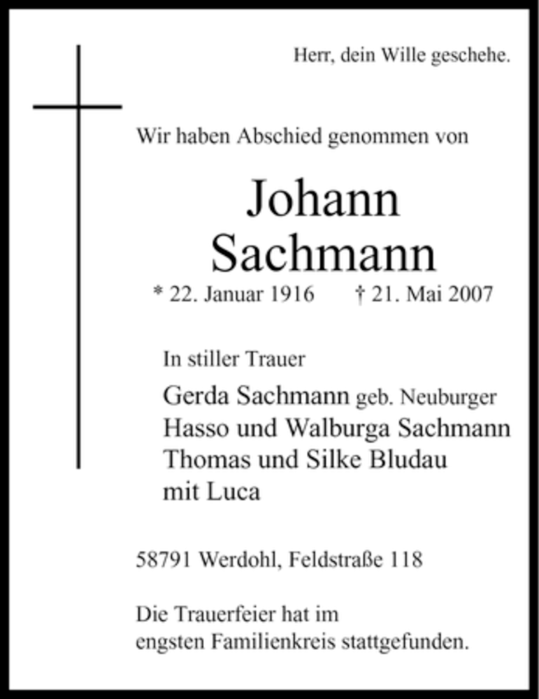  Traueranzeige für Johann Sachmann vom 26.05.2007 aus Tageszeitung
