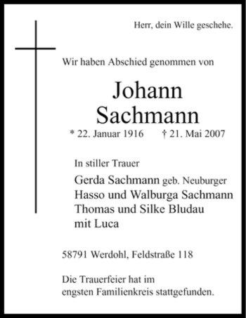Traueranzeige von Johann Sachmann von Tageszeitung