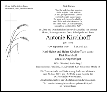 Traueranzeige von Antonie Kirchhoff von Tageszeitung