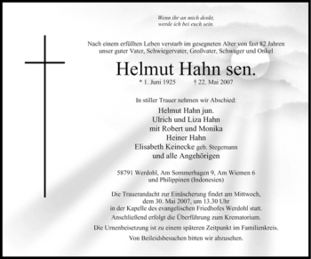 Traueranzeige von Helmut Hahn von Tageszeitung