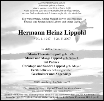 Traueranzeige von Hermann Heinz Lippold von Tageszeitung