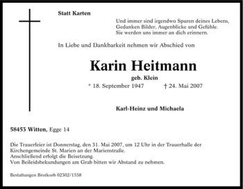 Traueranzeige von Karin Heitmann von Tageszeitung
