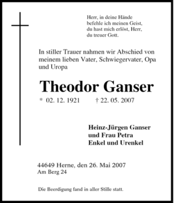 Traueranzeige von Theodor Ganser von Tageszeitung
