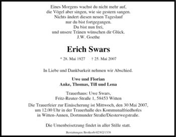 Traueranzeige von Erich Swars von Tageszeitung